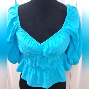 NWT Linen Blend Baby Blue Peasant Blouse  Size M(8-10)